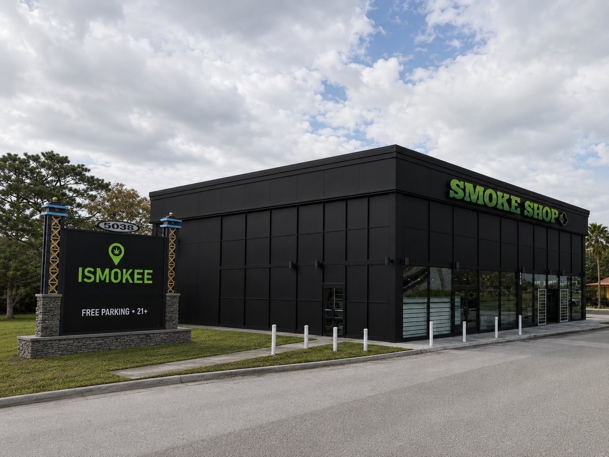 iSmokee Kissimmee smoke shop at 5038 W Irlo Bronson Memorial Highway — black storefront with green SMOKE SHOP signage and free parking on Hwy 192