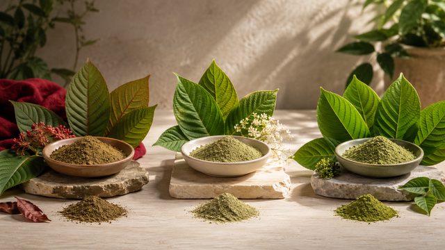 Red, white and green vein kratom powder in bowls beside fresh kratom leaves
