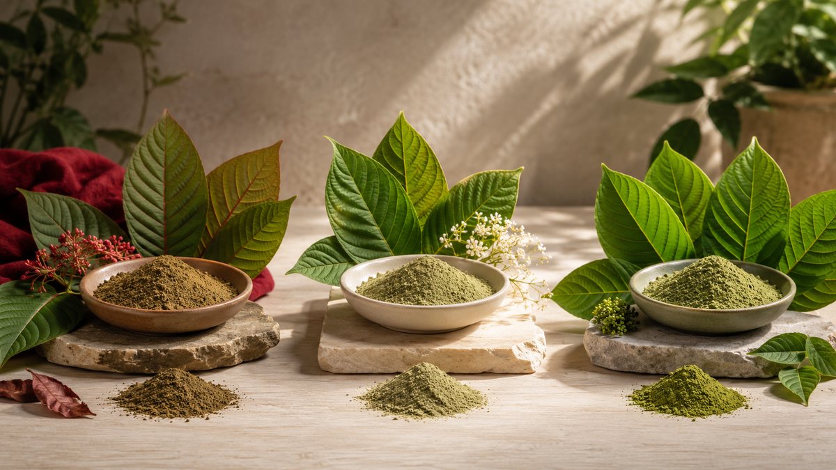 Red, white and green vein kratom powder in bowls beside fresh kratom leaves