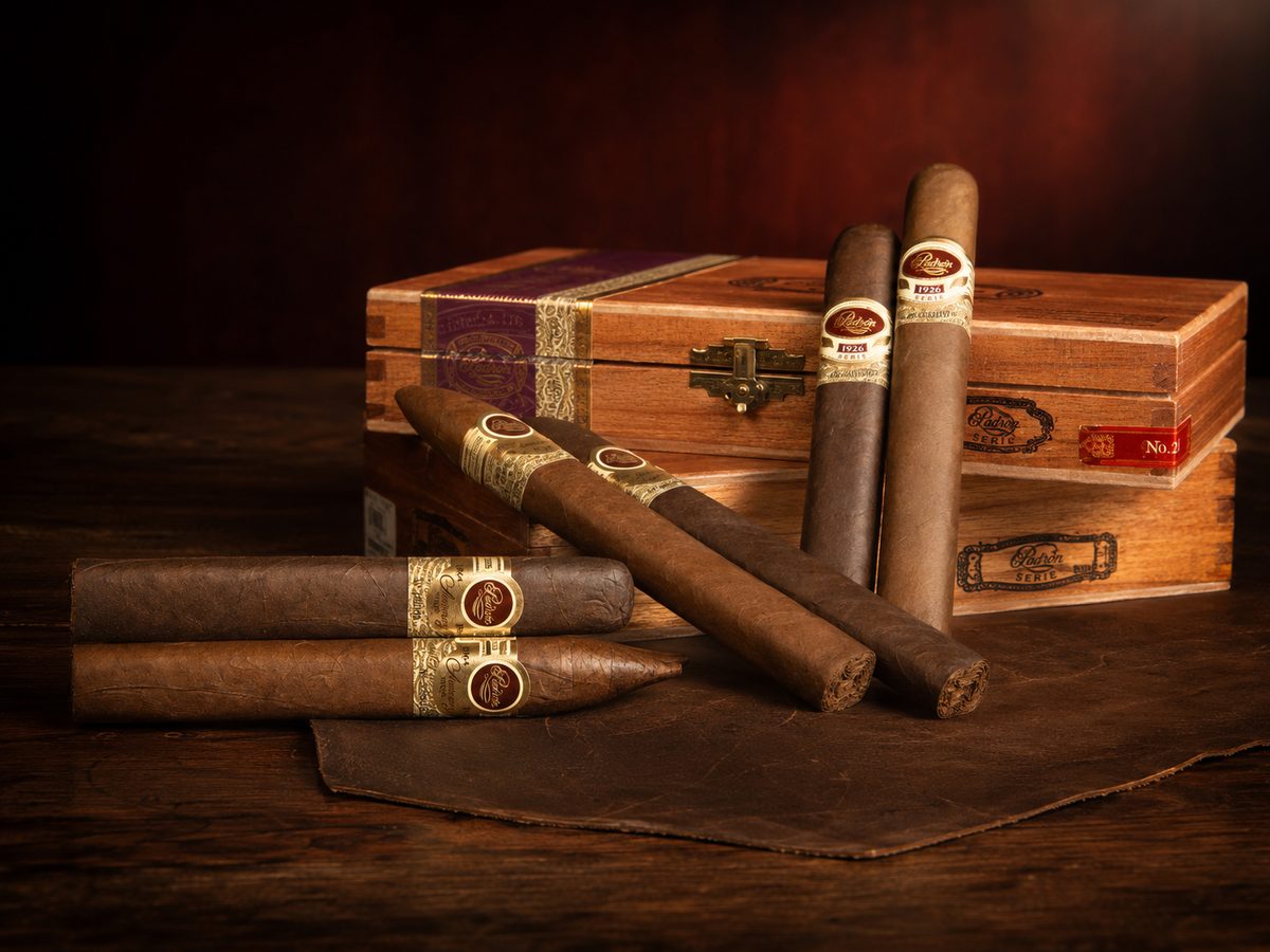 Padrón 1926 Series and 1964 Anniversary cigars with their boxes on wood at iSmokee smoke shop near Disney in Orlando