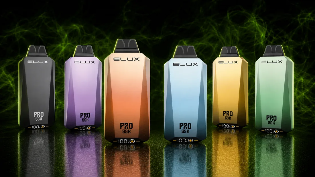 Elux Pro 50K disposable vapes in six faceted metallic colours with battery and e-liquid screens, 50,000 puffs, at iSmokee Orlando