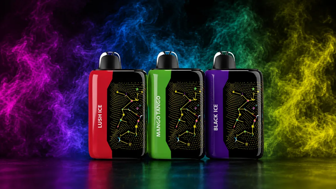 Three Fume Pro 30K disposable vapes — Lush Ice red, Mango Tango green and Black Ice purple — star-map panels on coloured smoke
