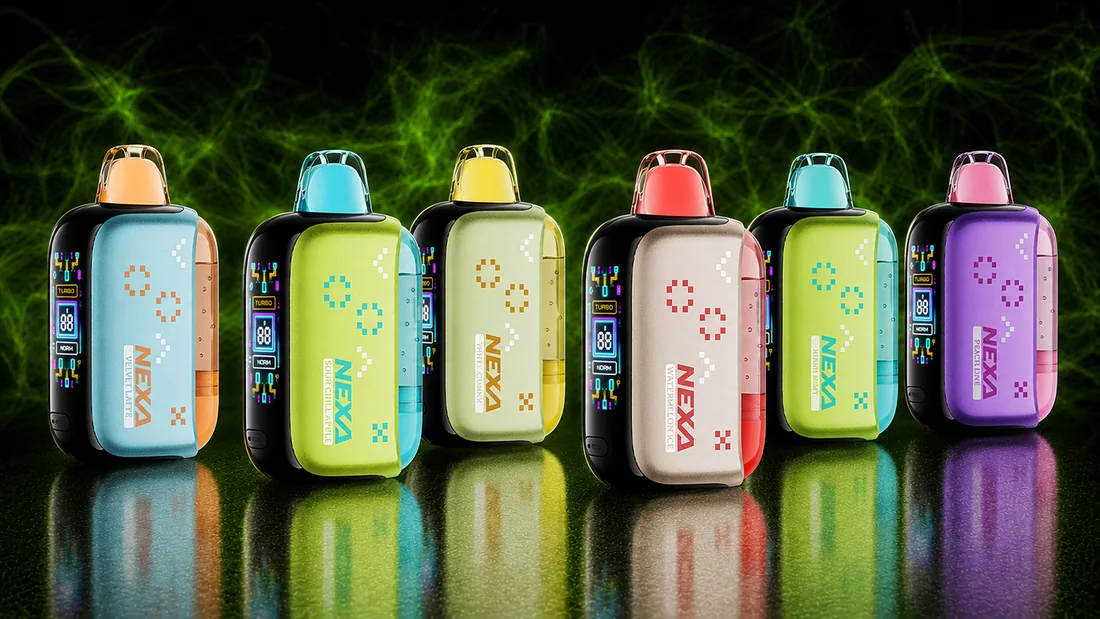 NEXA Pix 35K disposable vapes in six colours with pixel-art bodies and digital screens, 35,000 puffs, at iSmokee Orlando