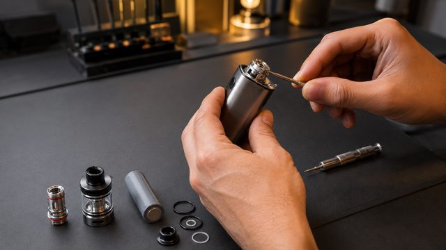 Hands repairing a disposable vape device with coil, tank and battery parts laid out on a bench